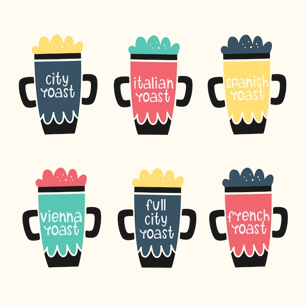 Vector set with coffee mugs. roasting coffee. hand drawn styles