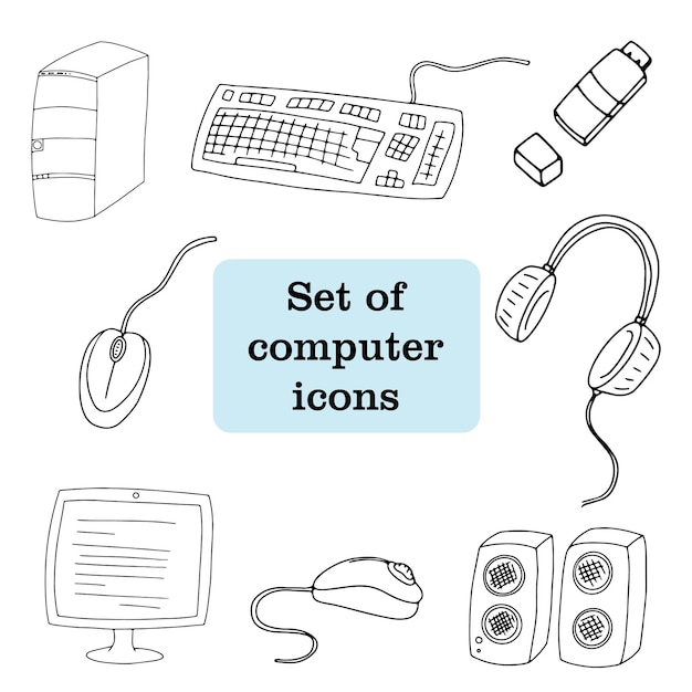 Vector set with computer icons, keyboard, speakers, monitor, personal computer