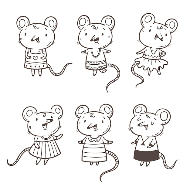 Vector set with cute cartoon little mice in dress Doodle animals collection Funny fashion sticker pack Childrens contour illustration