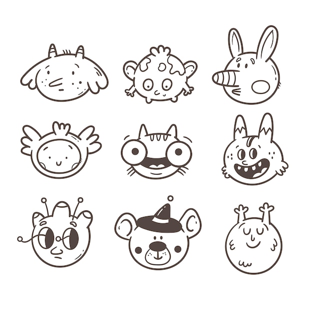 Vector set with cute characters Doodle collection of funny animals and monsters Cartoon funny print