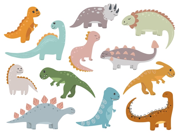 Vector set with dinosaurs in cartoon style  Collection dinosaurs isolated on white background