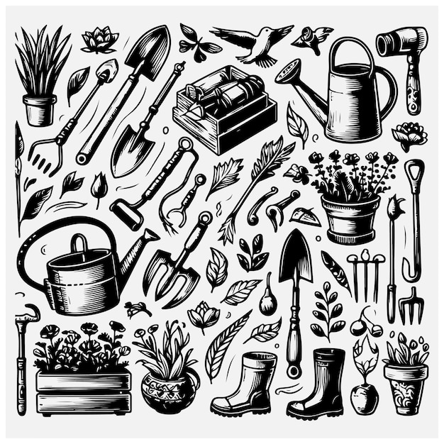 Vector vector set with hand drawn isolated doodles on the theme of the garden tools agriculture