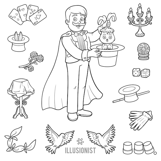 Vector set with magician and objects for magic tricks. Cartoon black and white items