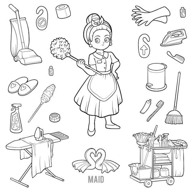 Vector set with maid and objects for cleaning. Black and white items