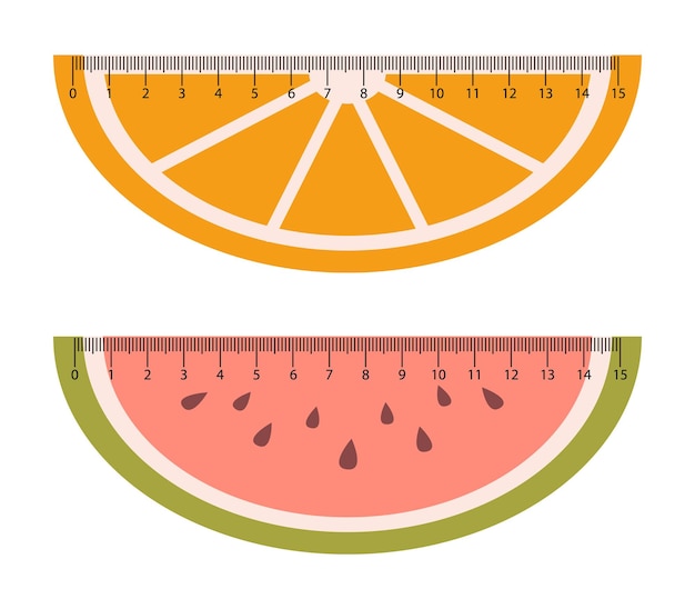 Vector set with measuring rulers in shape of fruits Orange and watermelon slice school rules Studying measuring tool with cute fruits