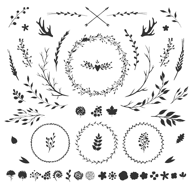 Vector set with rustic floral elements isolated on white flowers leaves berries branches