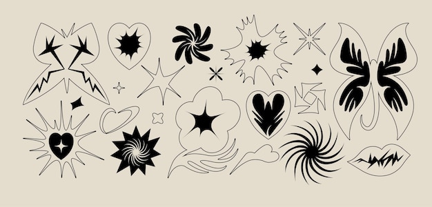 Vector set of Y2k icons or stickers with snake heart and head Brutalist design tattoo compositions for prints