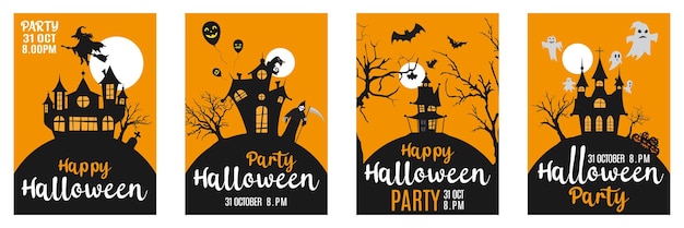 Vector set of yellow cards with castles Happy Halloween party invitation on wood background Holidays calligraphic inscription Yellow background trick or treat