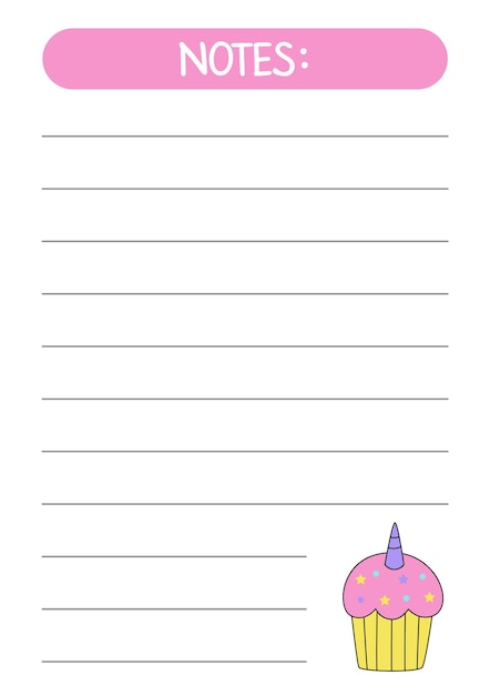 Vector sheet for making notes with cute pink cupcake with horn