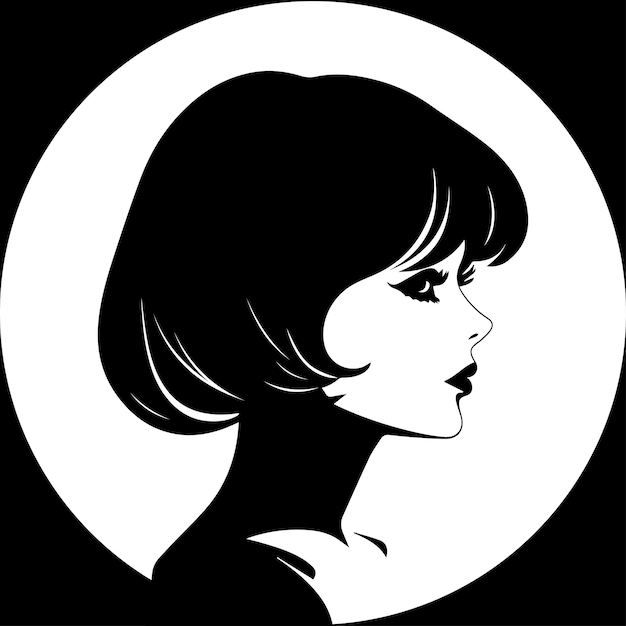 Vector short hair girl woman side view side face silhouette with black and white illustration