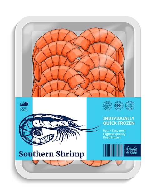 Vector shrimp label template, seafood package illustration