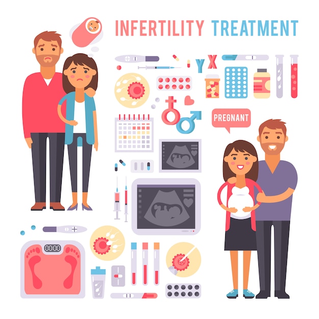 Vector signs of pregnancy infertility symptoms treatment problems fertilization processes infographic.