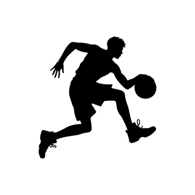 A vector silhouette of a basketball player playing basketball isolated on a white background