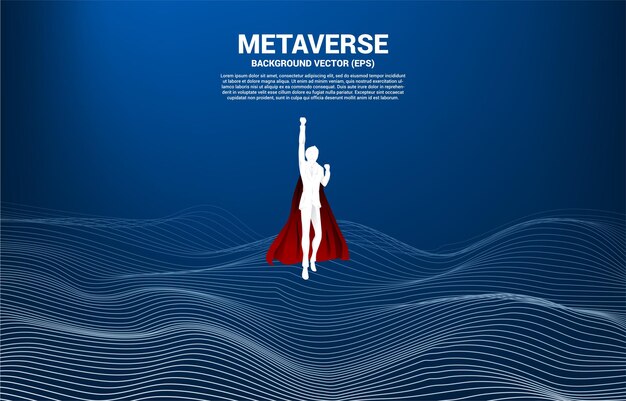 Vector Silhouette of businessman flying from Digital Contour curve dot and line and wave with wireframe . Concept for metaverse and VR technology .