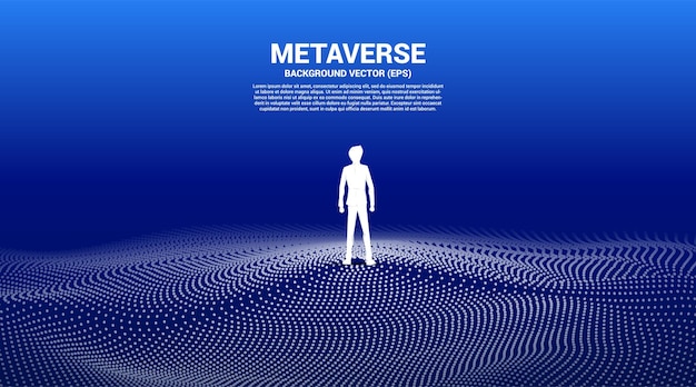 Vector Silhouette of businessman stand and Digital Contour curve dot and line and wave with wireframe . Concept for metaverse and VR technology .