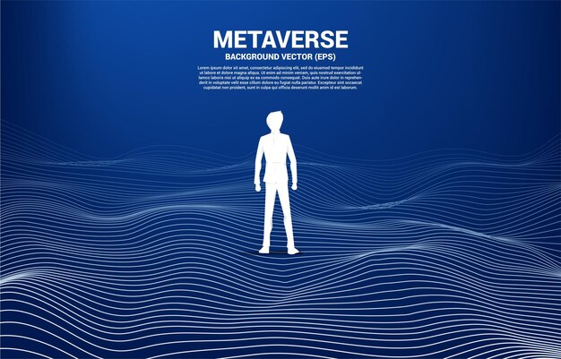 Vector Silhouette of businessman stand and Digital Contour curve dot and line and wave with wireframe . Concept for metaverse and VR technology .