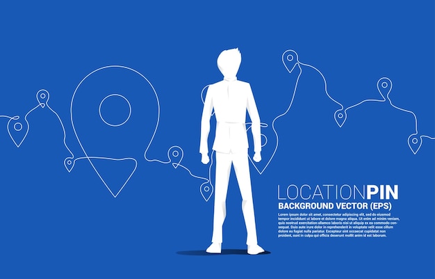 Vector Silhouette of businessman with Travel Network Pin mark from single line concept of travel route location and journey