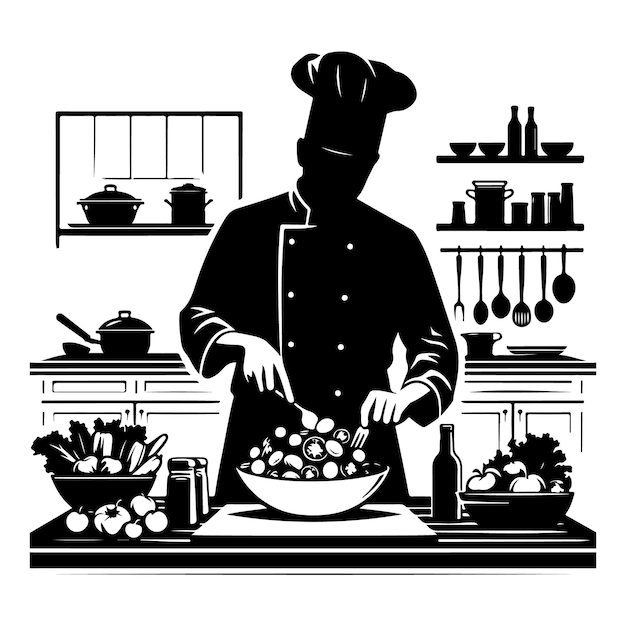 vector silhouette of A chef arranging a colorful salad on a plate in a modern kitchen with thick ou