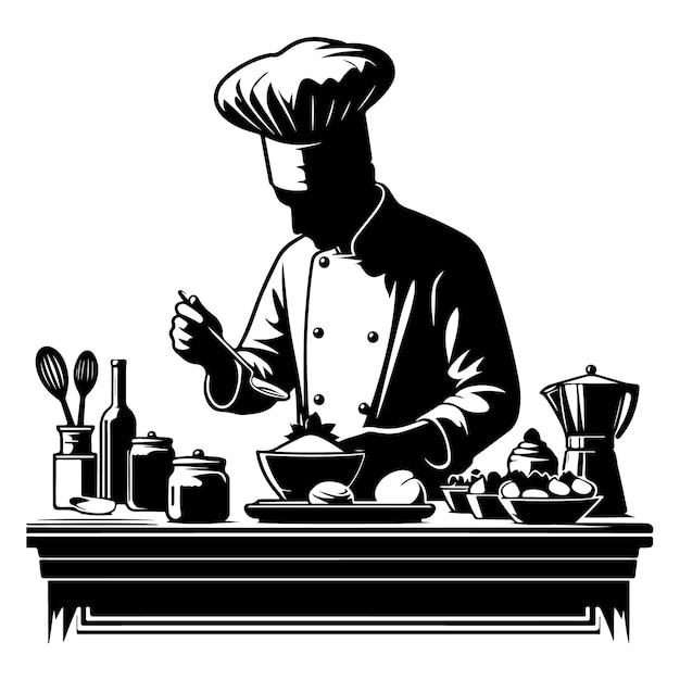 vector silhouette of A chef creating a new dessert recipe in a professional kitchen with thick outl