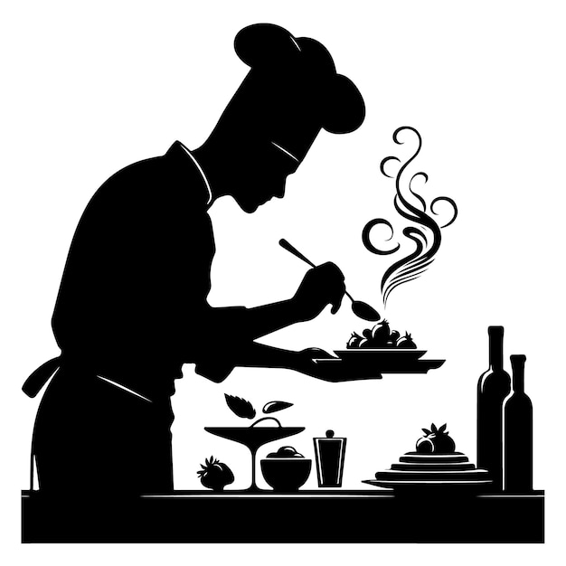 vector silhouette of A chef plating a beautifully presented dish in a high silhouett of a restaur