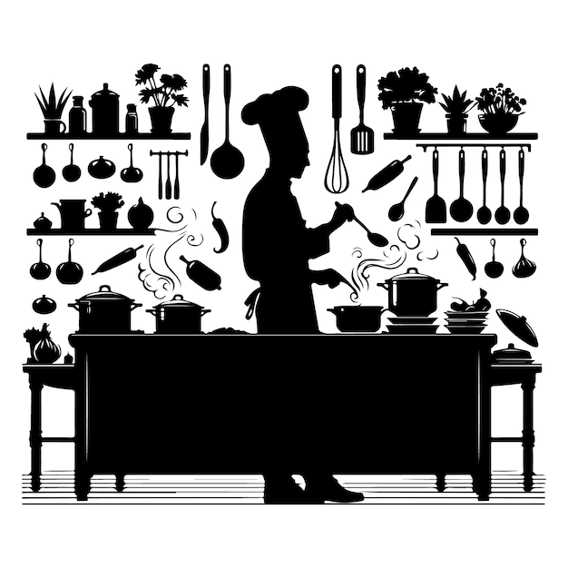 vector silhouette of A chef preparing a gourmet meal in a high silhouette of end restaurants kitchen