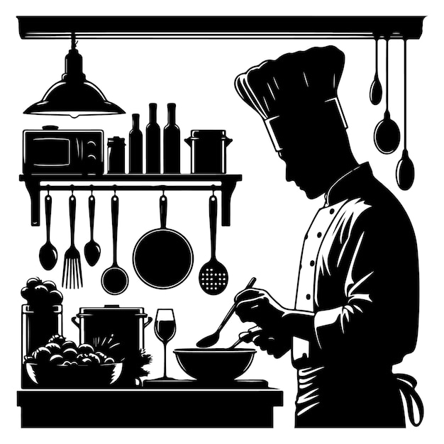 vector silhouette of A chef preparing a gourmet meal in a high silhouette of end restaurants kitchen