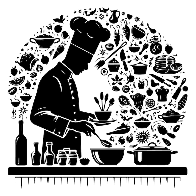 Vector vector silhouette of a chef preparing unique and creative dishes for a high silhouett of profile ca