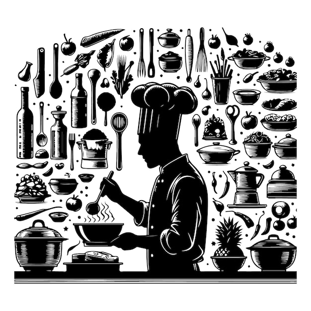 vector silhouette of A chef preparing a variety of international dishes in a diverse kitchen with t