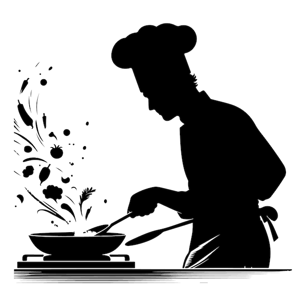 vector silhouette of A chef tossing ingredients in a hot pan while cooking with thick outline side