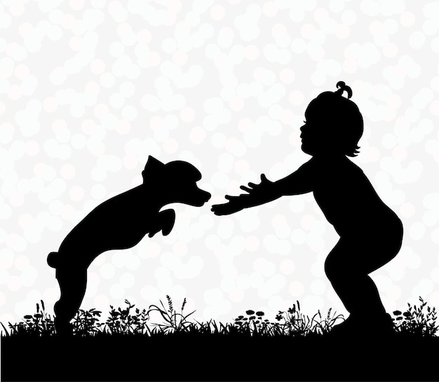 Vector, silhouette of a child playing with a dog, friendship