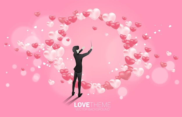 Vector silhouette of conductor standing with heart balloon flying Concept background for love song and concert theme