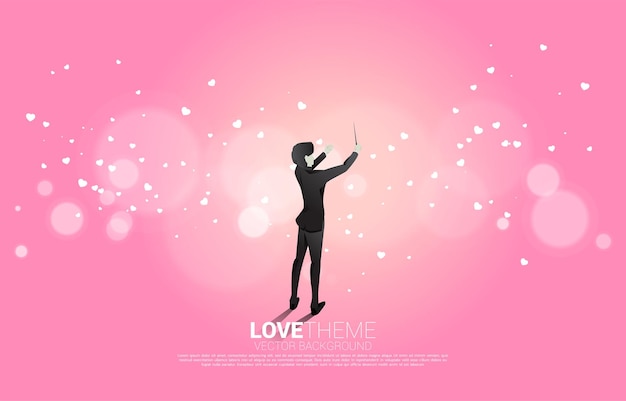 Vector silhouette of conductor standing with heart flying Concept background for love song and concert theme