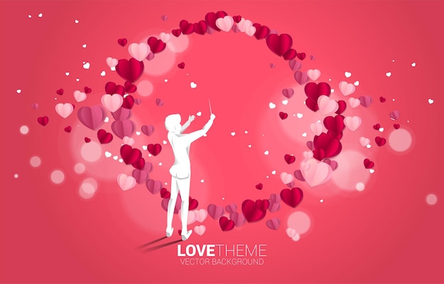 Vector silhouette of conductor standing with piano key with heart balloon flying Concept background for love song and concert theme