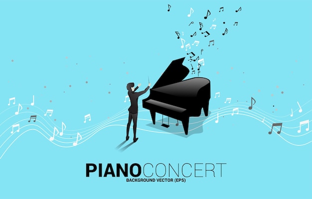 Vector silhouette of conductor with grand piano with music melody note dancing flow Concept background for song and concert theme