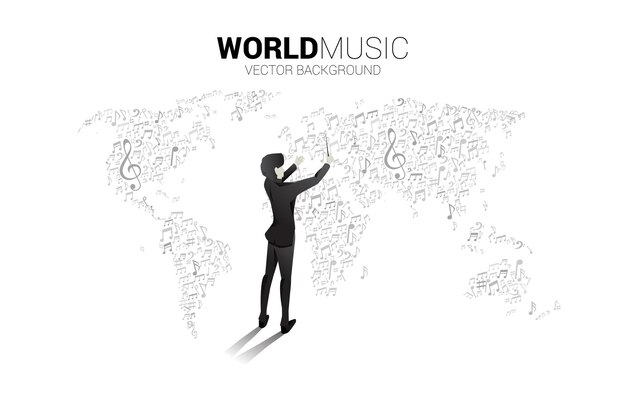 Vector silhouette of conductor with world map from music melody note dancing flow Concept background for world song and concert theme