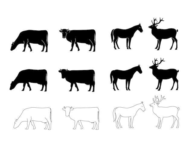 Vector silhouette of cow horse and deer. set of modern drawing isolated on white background. For packaging, logo or icon design.