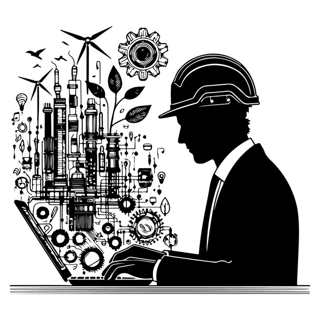 Vector vector silhouette of an engineer working on sustainable engineering solutions and technologies wit