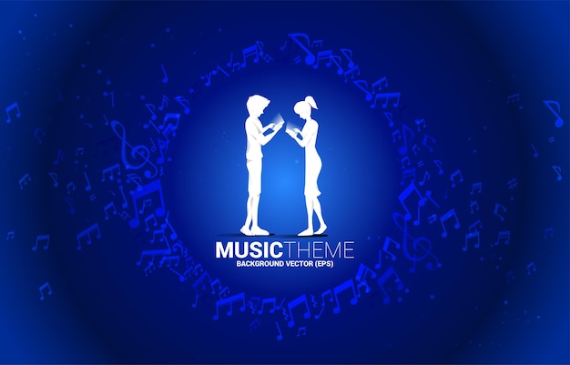 Vector silhouette man and woman with mobile phone with circle frame from music melody note dancing flow Concept background for song and concert theme