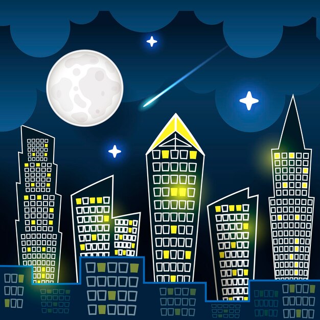 Vector vector of silhouette of night city landscape on dark blue sky background with big moon. art design for web, site, advertising, banner, poster, flyer, brochure, board, card, paper print.