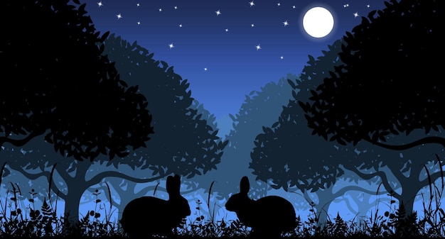 Vector silhouette of rabbits in nature at night. Vector illustration