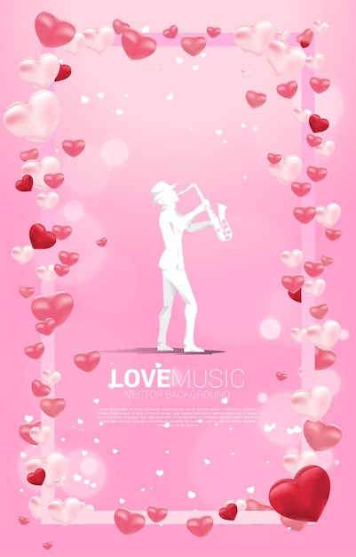 Vector silhouette of saxophonist standing with heart balloon flying . Concept background for love song and concert theme.