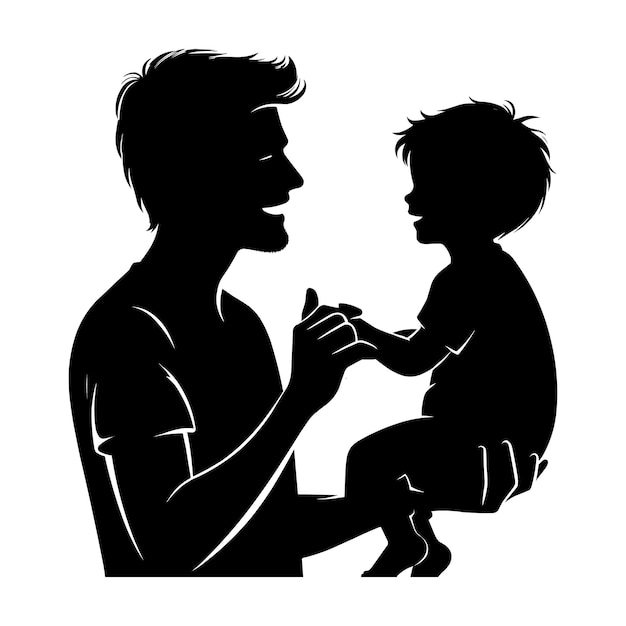 Vector silhouette of son holding hands of father on white background illustration