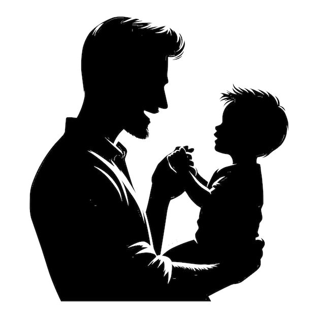 Vector silhouette of son holding hands of father on white background illustration