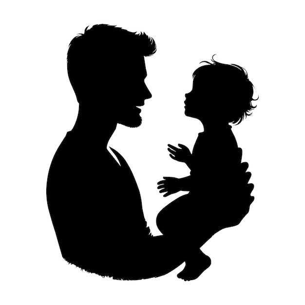 Vector silhouette of son holding hands of father on white background illustration