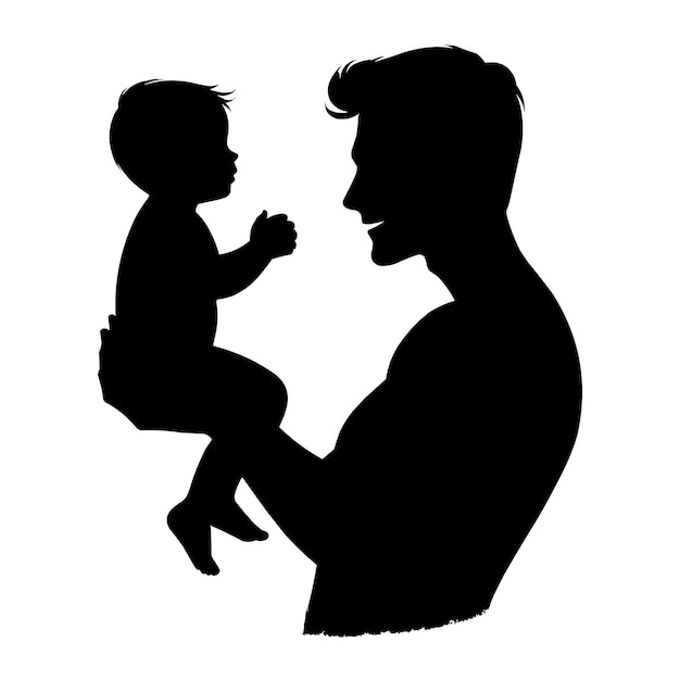 Vector silhouette of son holding hands of father on white background illustration