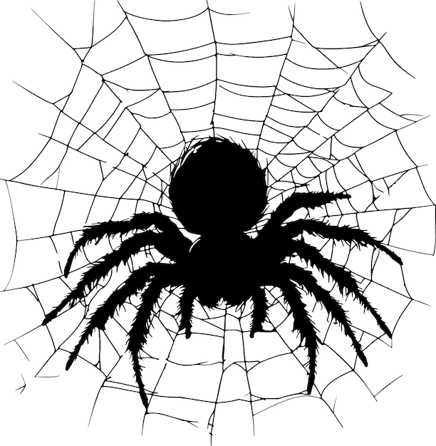 A vector silhouette of a spider weaving a web