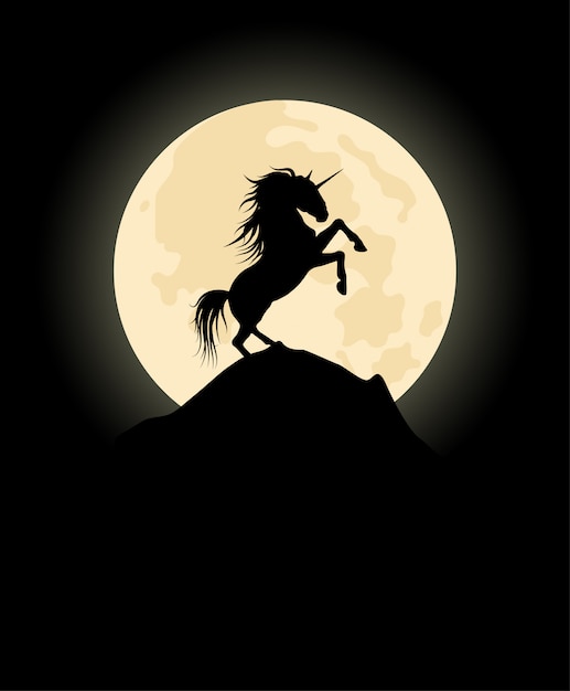 Vector silhouette of unicorn on moon background