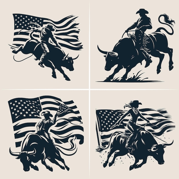 Vector silhouettes of a rodeo cowboy riding a bucking bull Bull Riding Vector Silhouette