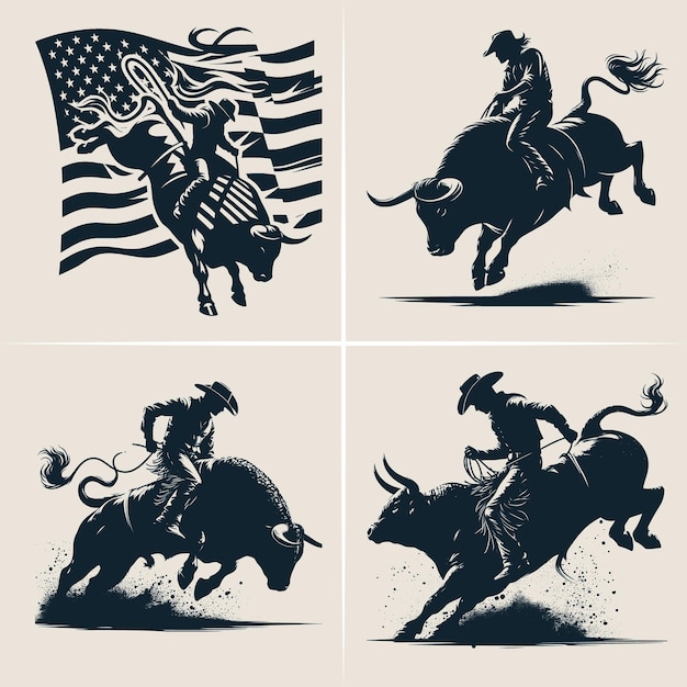 Vector silhouettes of a rodeo cowboy riding a bucking bull Bull Riding Vector Silhouette