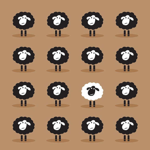 Vector of single white sheep in black sheep group on brown background Animal Dissimilar concept